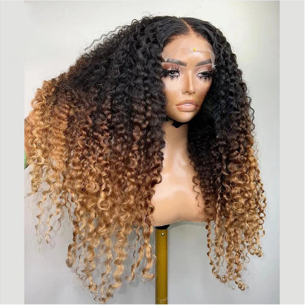 13X4/13X6 Transparent Lace Pre-plucked Ombre Brown Colored Curly Human Hair Wig