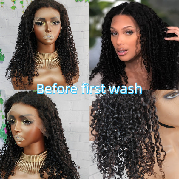 13x4 Pre-Styled Finger Coils Kinky Curl Pre-Plucked Hairline Full Frontal Swiss Lace Human Hair Wig