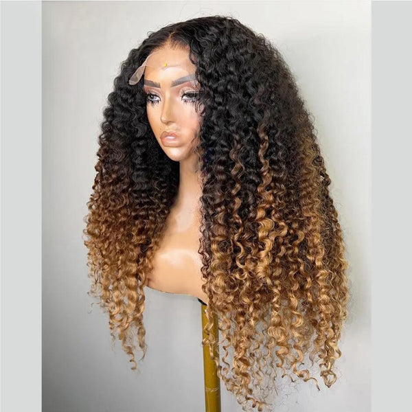 13X4/13X6 Transparent Lace Pre-plucked Ombre Brown Colored Curly Human Hair Wig