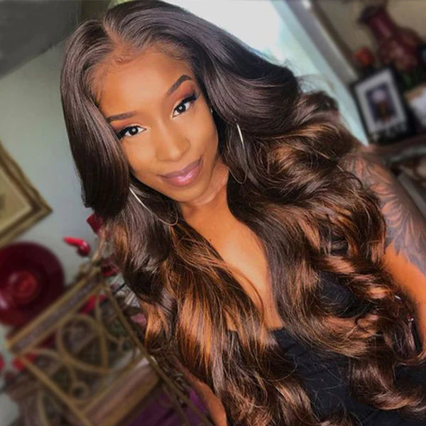 13x4/13X6 Transparent Lace Front Ombre Brown Color Preplucked Hairline Body Wave Human Hair Wig