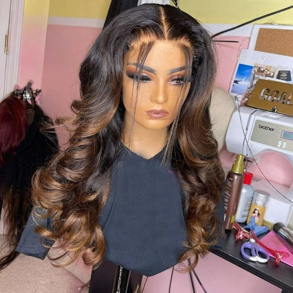 13x4/13X6 Transparent Lace Front Ombre Brown Color Preplucked Hairline Body Wave Human Hair Wig