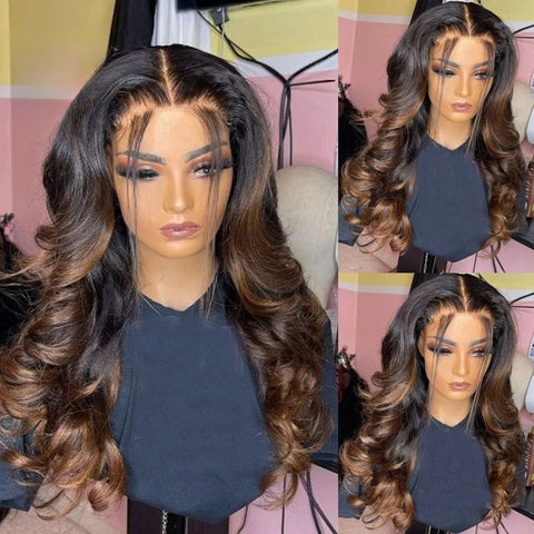 13x4/13X6 Transparent Lace Front Ombre Brown Color Preplucked Hairline Body Wave Human Hair Wig