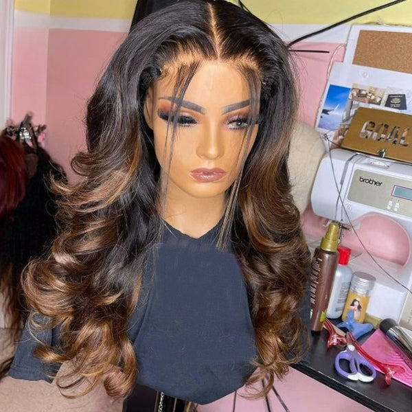 13x4/13X6 Transparent Lace Front Ombre Brown Color Preplucked Hairline Body Wave Human Hair Wig